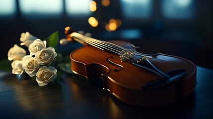 Fototapeta premium Serene Violin and Roses: A Musical Still Life