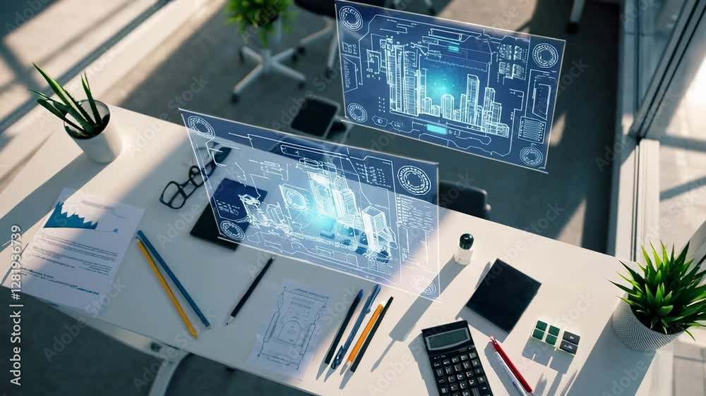 Poster Transparent screen showing futuristic architectural project hovering above a desk in an office, featuring graphs and data analysis, captured in slow motion