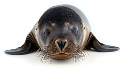 Adorable baby seal pup lying on white background looking curious