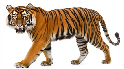 Obraz premium Majestic bengal tiger standing against white background showcasing striking orange and black stripes