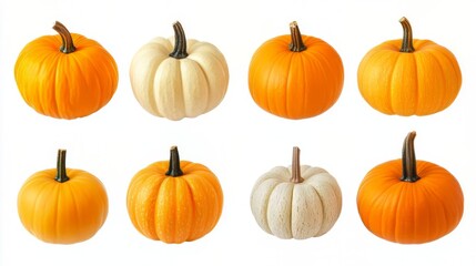Variety of orange and white pumpkins on white background