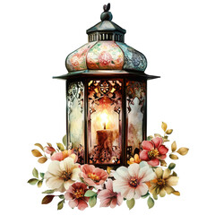 A beautiful Ramadan lantern with flowers around it, on a white background
