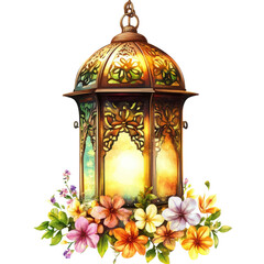 A beautiful Ramadan lantern with flowers around it, on a white background