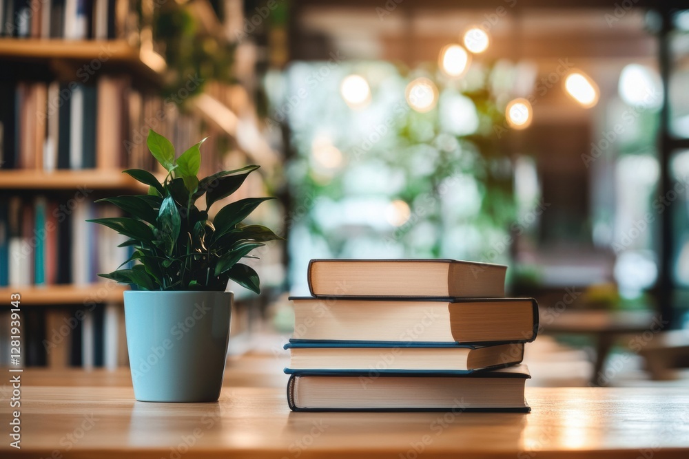 Poster Stacked books on a wooden table with a small plant in a cozy library setting during the afternoon. Generative AI