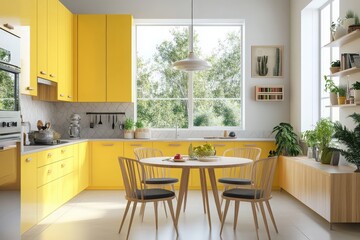 Fototapeta premium Modern kitchen interior with yellow cabinets, round table, and wooden chairs, bright window view, minimalist decor and clean design.