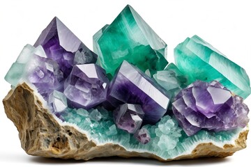 a close up of a cluster of purple and green crystals on a rock