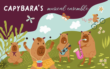 Collage, horizontal banner, background with cute capybara playing musical instruments, meditating, riding a bike, fun characters. Hand drawn vector illustration.