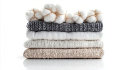 Stack of cozy knit sweaters with cotton on white background