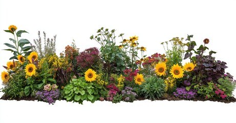 Vibrant summer flower garden with sunflowers,  blooming in a colorful array.