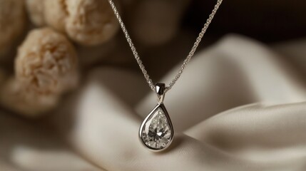 Fototapeta premium Pear-shaped diamond pendant necklace on silk.