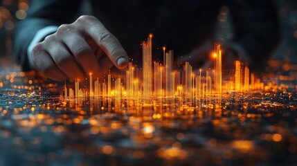 Business professional analyzing glowing data visualization on a digital interface at night