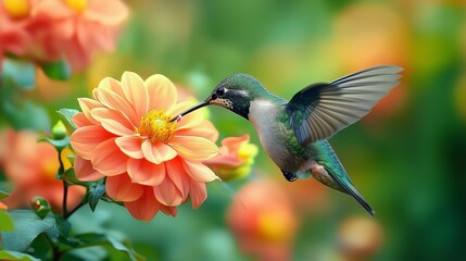 Fototapeta premium A hummingbird is delicately hovering in front of a bright orange flower. The garden is filled with colorful blooms under the warm sunlight, creating a lively atmosphere.