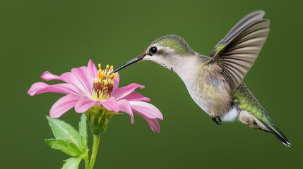 Fototapeta premium A small hummingbird is delicately hovering over a vibrant pink flower, using its thin beak to extract nectar while surrounded by lush greenery in a garden.