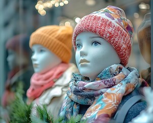 Child mannequins winter hats scarves shop window