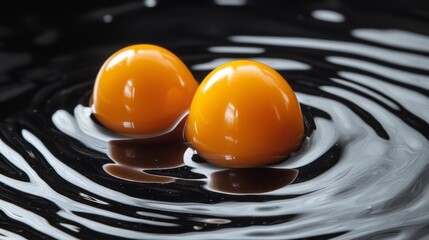 Two orange egg yolks floating on rippling black liquid surface