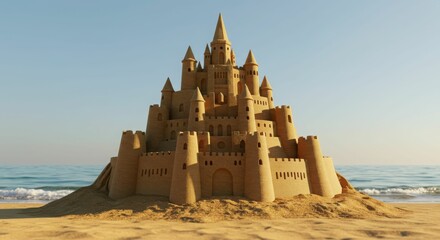 Grand sandcastle on beach with ocean backdrop under clear sky