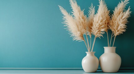 Pampas grass, teal wall, vases, home decor