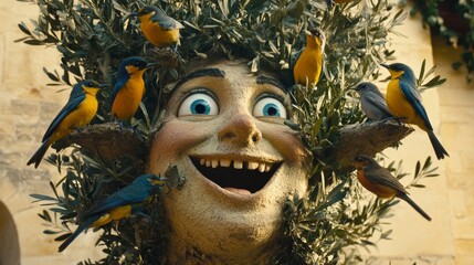 Whimsical Face with Birds: A fantastical face sculpture adorned with lush green foliage and charming birds. Evokes a sense of wonder and playfulness.
