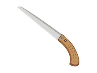 Hand saw with wooden handle, sharp serrated blade, woodworking and gardening tool illustration