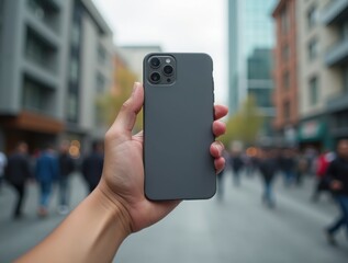 Smartphone in hand on the background of the city. Close-up.