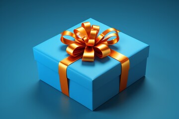 a close up of a blue gift box with a gold ribbon