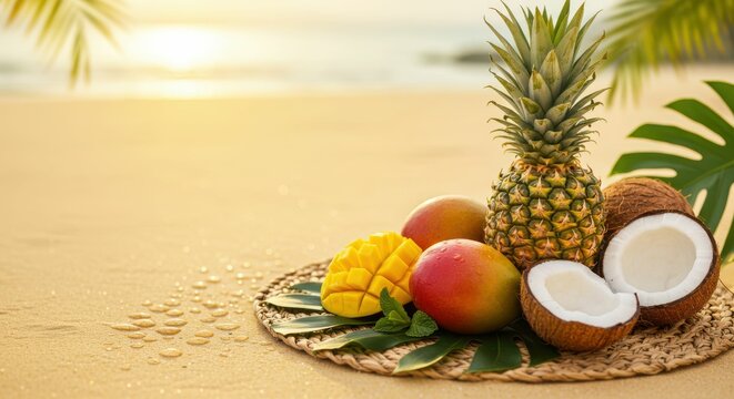 Tropical fruits on sandy beach at sunset with pineapple, mango, and coconut