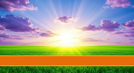 Obraz premium Vibrant sunrise over green field with dramatic clouds and golden sun rays