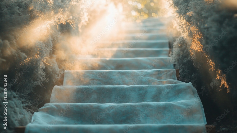 Poster Golden rays filter through lush foliage, illuminating a winding staircase that beckons to be explored. A serene atmosphere envelops the steps, inviting reflection and wonder.