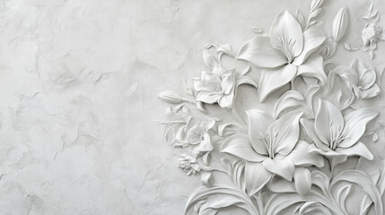 Elegant lily floral design embossed on textured plaster wall for artistic decor