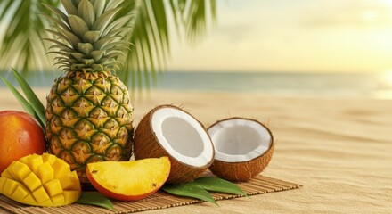 Tropical fruits on sandy beach: pineapple, coconut, mango at sunset