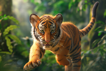 Obraz premium A playful tiger cub with bright, expressive eyes and soft orange fur, marked by bold black stripes