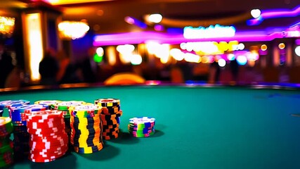 Colorful poker chips stacked on a green felt table, showcasing excitement
