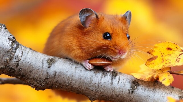 Hamster holding acorn on autumn branch, blurred background