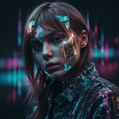 Abstract human portraits with glitch effects and holographic textures
