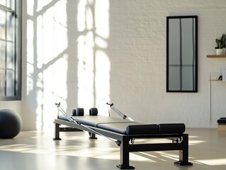 A Pilates reformer machine in an empty bright studio, sleek black and white design