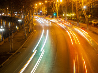 Blurred lights. View of the road from above. Tbilisi at night. Night cityscape.