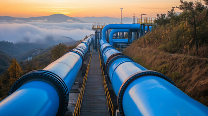 Tuberías industriales azules en planta de procesamiento
