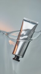 Obraz premium Metallic squeeze tube of cosmetic cream partially submerged in clear water with gentle waves reflecting soft light