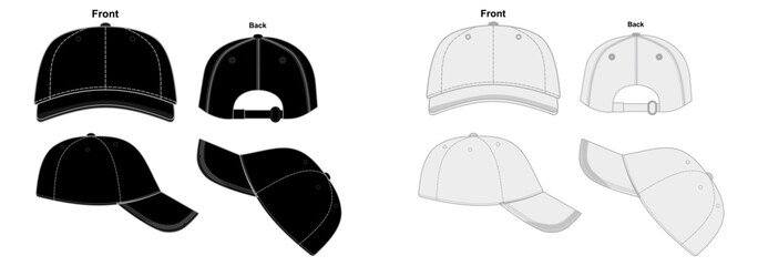 Set of Streetwear Hats Mockup Vector Plain Baseball Cap Streetwear Trucker Hat Snap Back Technical Drawing Illustration Blank Street Wear Mock-up Template for Design Tech Packs CAD Strap Mesh Hat Cap