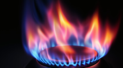 Llama de gas natural azul y roja encendida en quemador de cocina