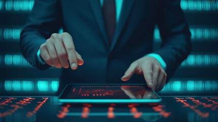 A businessman interacts with a tablet, surrounded by a futuristic digital environment with glowing elements and data visuals.