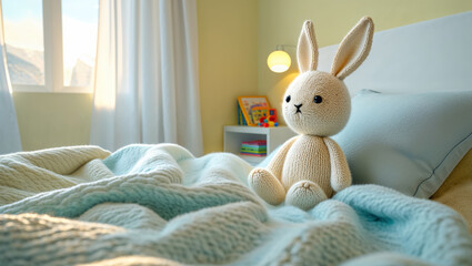 Cute knitted bunny toy in the children's bedroom
