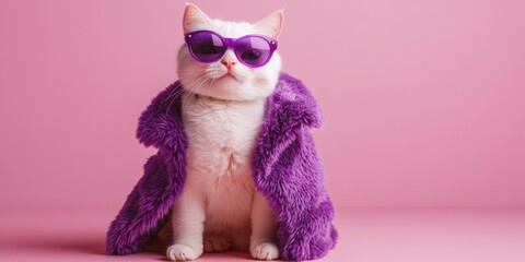 A charming cat wearing sunglasses and a fluffy fur coat against a pink background. The cat is adorable and stands out with its unique accessories.