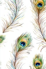 Fototapeta premium Peacock feathers in a repeating pattern on a light gray background.