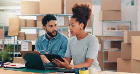 Collaboration, laptop and tablet with people in distribution warehouse for logistics or supply...