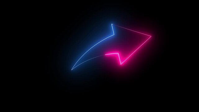 Glowing neon Abstract directional neon arrow icon animation on a black background. Night bright advertising.Right glowing neon arrow icon animation on black background.