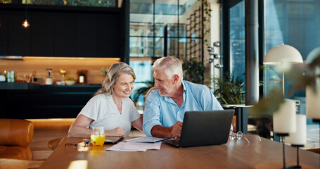 Documents, retirement and laptop with old couple at home for social security benefits, annuity...