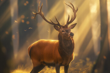 A regal red deer bathed in the warm, golden glow of the morning sun. The sunlight filters through the misty forest, highlighting the deer's majestic antlers and russet-colored coat