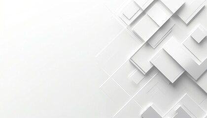 Abstract background with layered geometric square shapes and lines in white and grey colors. Minimalist tech banner design element concept for web, flyer, poster, presentation.