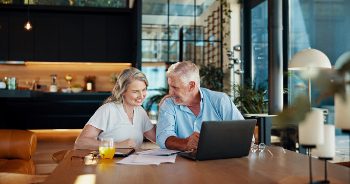 Documents, retirement and laptop with old couple at home for social security benefits, annuity growth and pension fund. Account balance, online banking and 401k withdrawal with people and profit